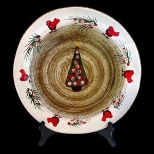 Handmade Italian Ceramic Christmas Plate With Red Bird & Tree Design